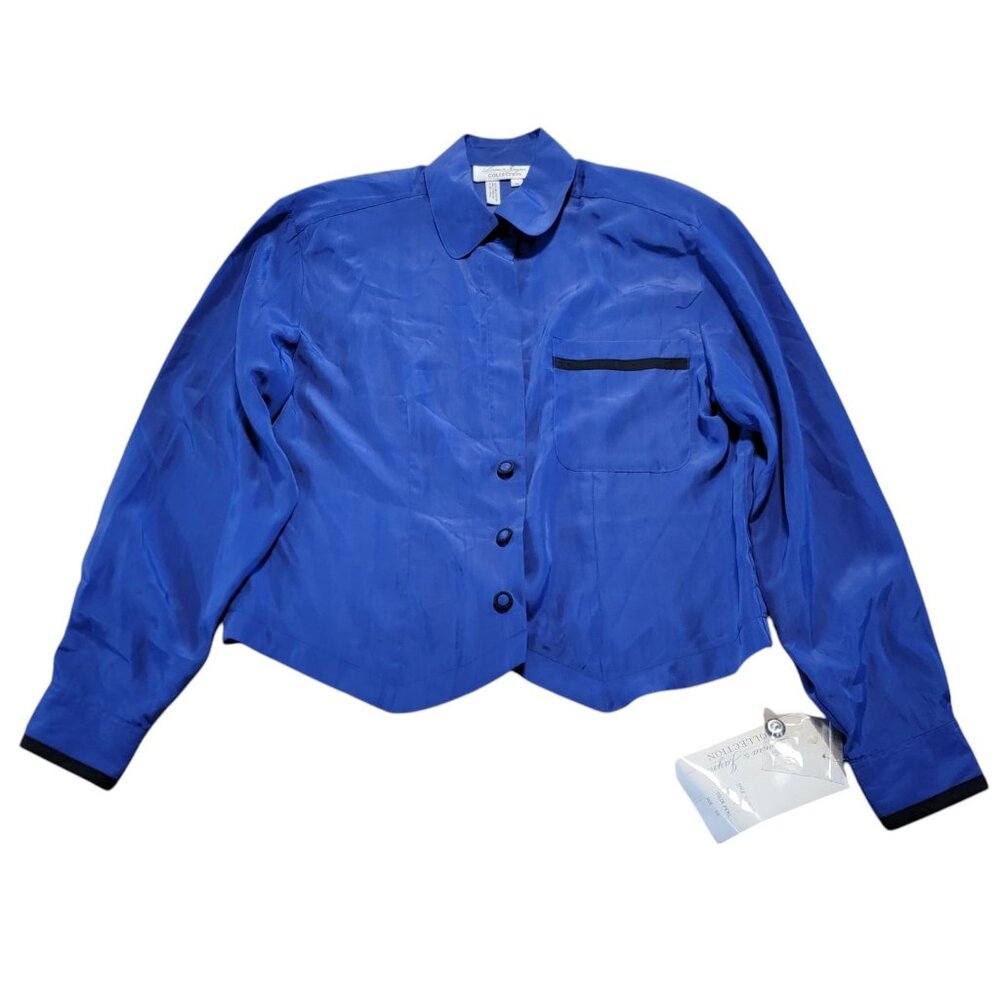 LAURA & JAYNE Top Vintage Beautiful Silky‎ Royal Blue Blouse NWT Buttons Sz 10